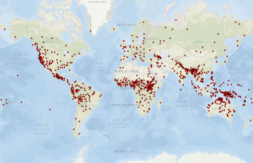 Languages included; each red dot represents one language.